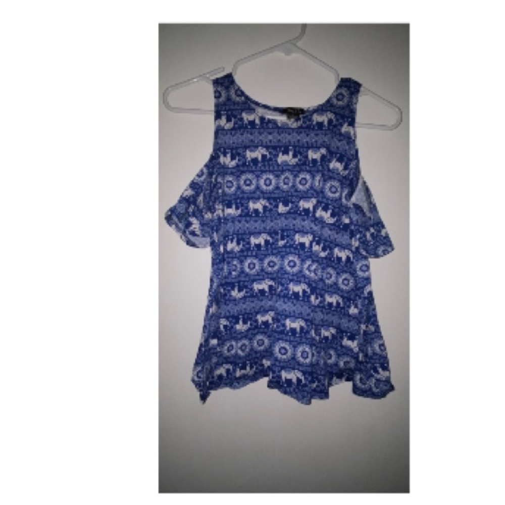 Blue & White Cold Shoulder Top